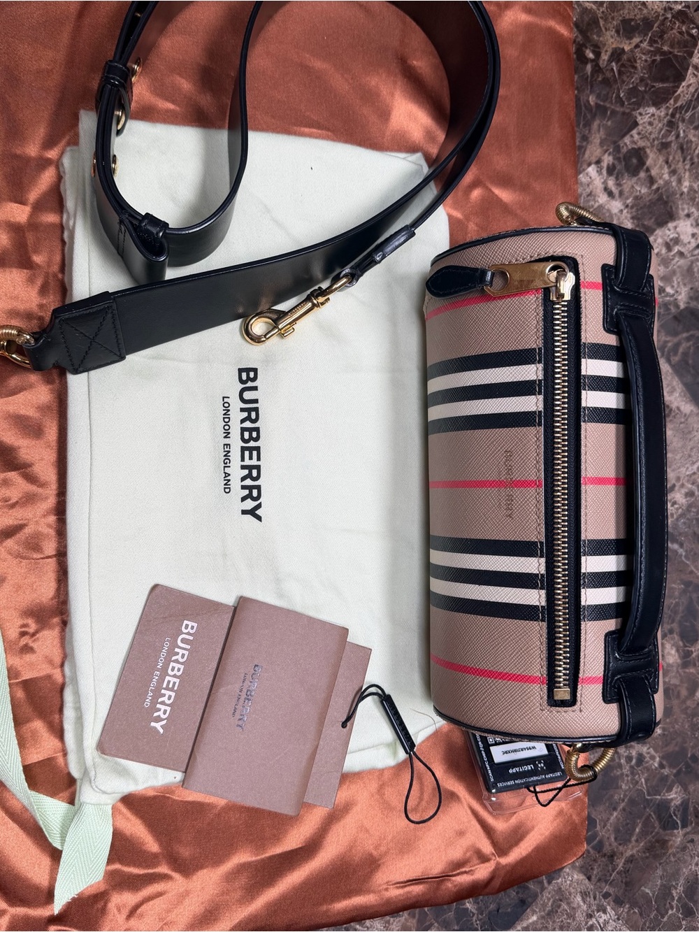 Burberry Beige Check Shoulder Bag with Black Trim and Pink Accents